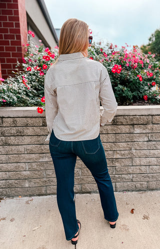 RUFFLE DETAIL PINSTRIPE BUTTON-UP