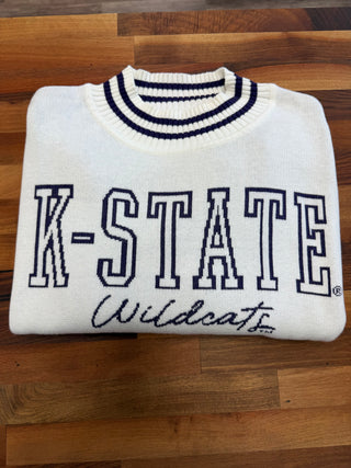 KSTATE WILDCATS WHITE SWEATER WITH OCK NECK AND STRIPES 