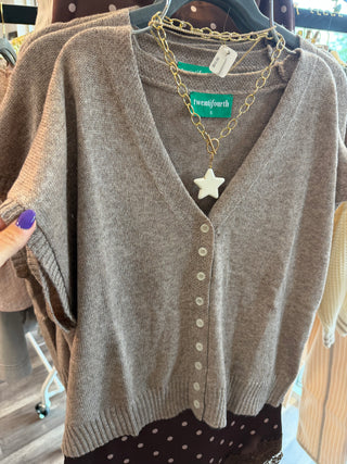 HEATHERED BROWN SHORT SLEEVE VNECK CARDIGAN 