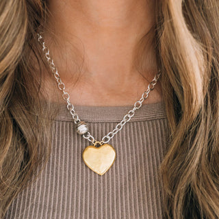 SILVER CHUNKY CHAIN WITH LARGE GOLD HEART PENDANT 