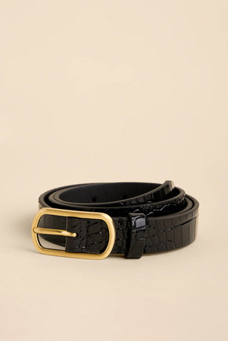 BLACK CROC LEATHER THIN BELT