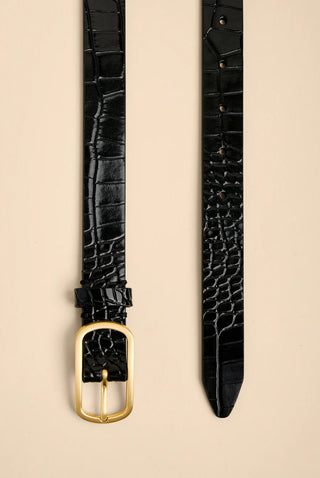BLACK CROC LEATHER THIN BELT