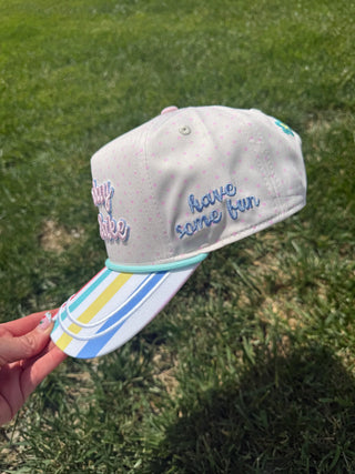 GOOD DAY FOR THE LAKE STRIPED HAT , HAVE SOME FUN ON THE SIDE 