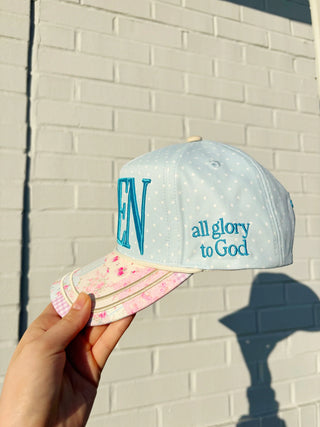 FLORAL AND POLKA DOT AMEN HAT, ALL GLORY TO GO ON THE SIDE 