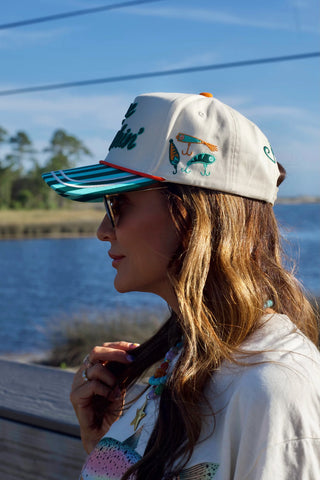 GONE FISHIN SNAP BACK HAT, LURE DETAIL ON THE SIDE 