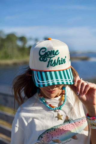 GONE FISHIN SNAP BACK HAT WITH STRIPED BILL