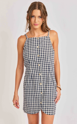 NAVY AND WHITE GINGHAM MIN DRESS WITH BUTTON DOWN FRONT 