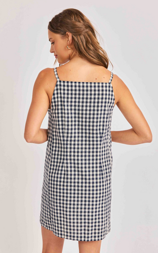 NAVY AND WHITE GINGHAM MIN DRESS WITH BUTTON DOWN FRONT 