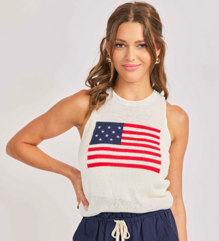 Sleeveless top with an American flag design, sweater material 