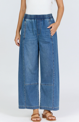Pull on blue denim wide-leg pants