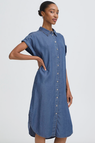 blue denim dress, button dwm