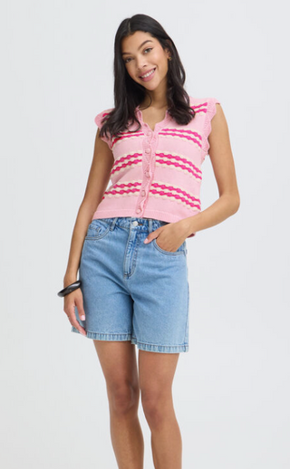 pink sleeveless top with dark pink stripes 