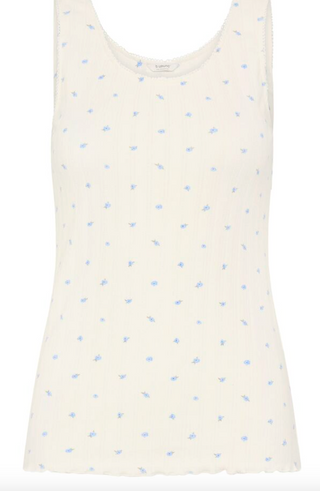 White tank with blue floral details 