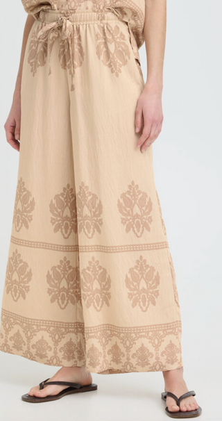 TAN & BROWN PRINTED DRAWSTRING PANTS