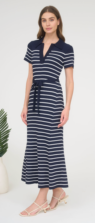 NAVY & WHITE STRIPED DRESS WITH COLAR AND TIE 