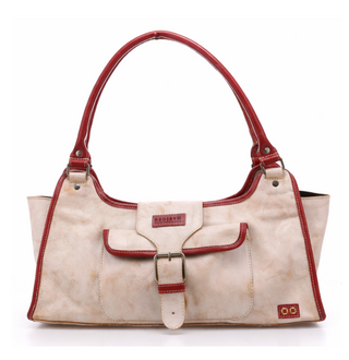 WHITE AND RED DISTRESSED LEATHER HANDBAG WITH FRONT POCKET, AMERICANA