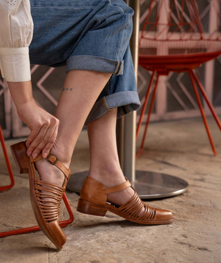 GENUINE LEATHER BOOTIE BY BED|STU, CAMEL COLOR, WITH BUCKLE 