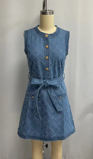 DENIM TANK JAQUARD DRESS WITH BELT 