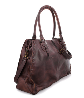Brown leather handbag with shoulder strap in teak rustic 