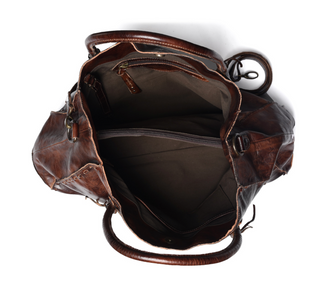 Brown leather handbag with shoulder strap in teak rustic 