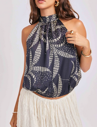 navy blue patterned halter top WITH BACK TIE