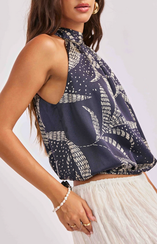 navy blue patterned halter top WITH BACK TIE