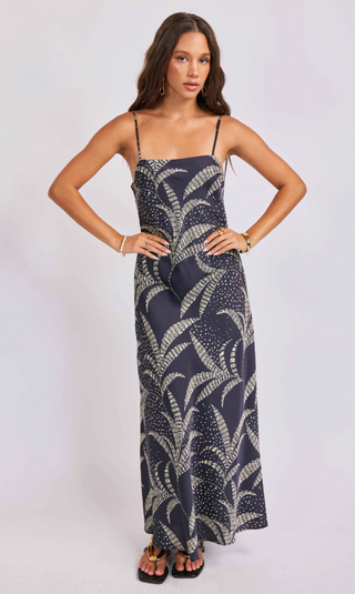 navy blue TANK dress with white leaf pattern 