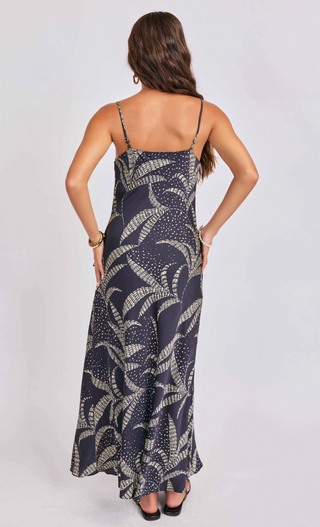 navy blue TANK dress with white leaf pattern 