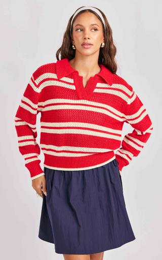 RED & WHITE STRIPED SWEATER, OPEN KNIT 