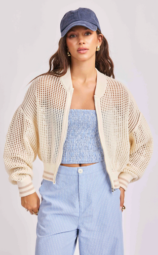 IVORY OPEN KNIT BOMBER JACKET