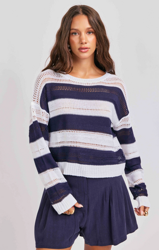 NAVY AND WHITE OPEN KNIT WEAVE SWEATER 