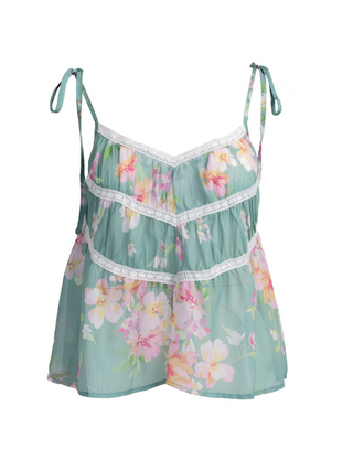 FLORAL TANK WITH LACE TRIM AND TIE STRAPS