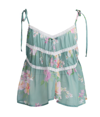 FLORAL TANK WITH LACE TRIM AND TIE STRAPS