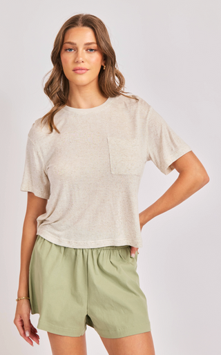 OATMEAL HEATHERED TEE SHIRT WITH FRONT POCKET 