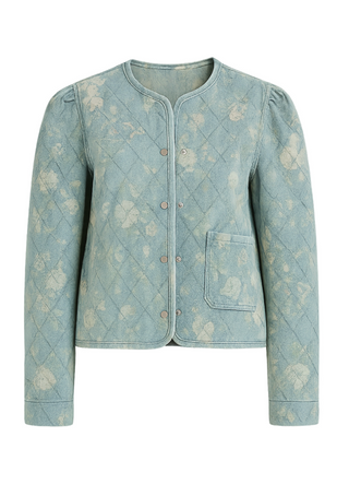 LIGHT DENIM QUILTED JEAN JACKET WITH BUTTON DOWN AND FLORAL