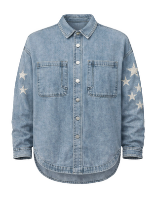 Blue denim shirt with star patterns on sleeves