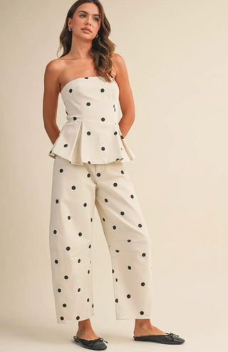 PLEATED TUBE TOP AND BARREL PANTS SET IN IVORY AND BLACK 