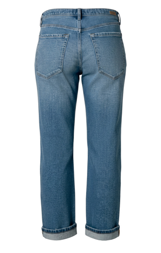 Medium blue denim jeans with color patch detail