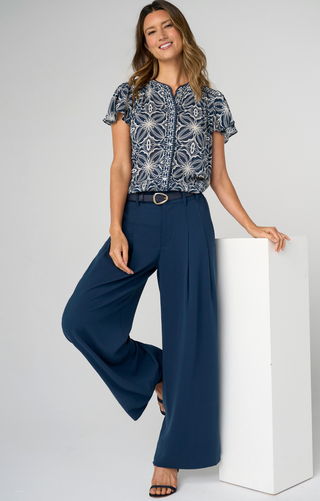 NAVY BLUE WIDE LEG TROUSER PANTS WITH PLEATS 