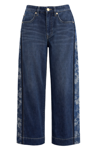 WIDE LEG DARK DENIM JEANS WITH JACQUARD BLOCKING DETAIL