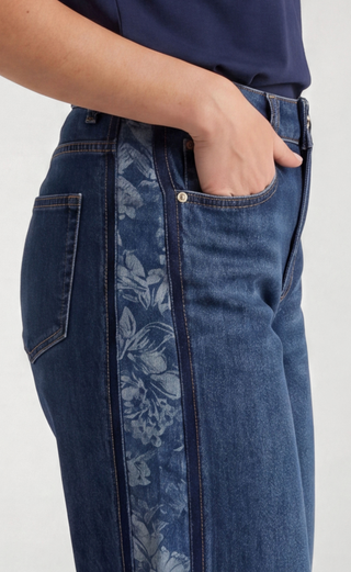WIDE LEG DARK DENIM JEANS WITH JACQUARD BLOCKING DETAIL