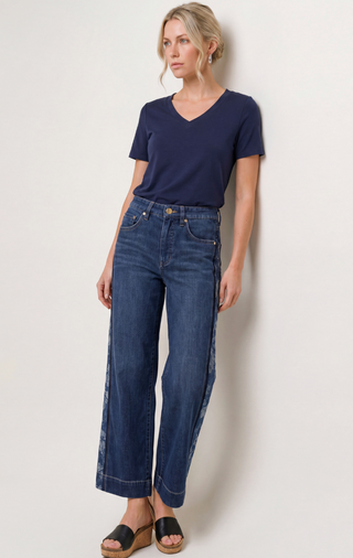 WIDE LEG DARK DENIM JEANS WITH JACQUARD BLOCKING DETAIL