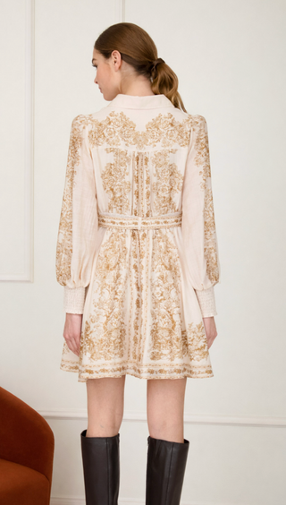 CREAM AND BROWN VINTAGE LONG SLEEVE DRESS WITH BUTTON DOWN AND BELT