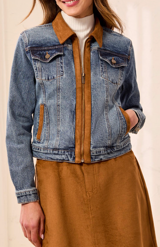 DENIM ZIP JACKET WITH TAN SUEDE ACCENTS AD COLLAR 