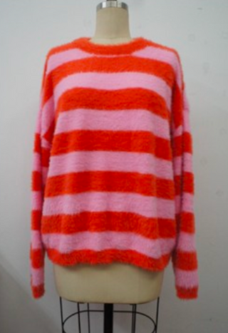 PINK AND RED STRIPED FUZZY SWEATER
