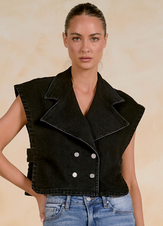 BLACK DENIM STRUCTURED VEST BUTTON UP WITH OPEN SIDES