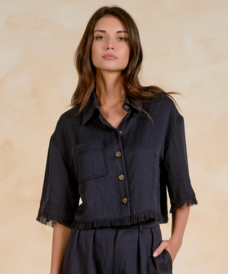BLACK BUTTON UP SHIRT WITH FRAYED EDGES 