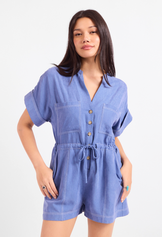 BLUE SHORT SLEEVE ROMPER, BUTTON UP WITH TIES