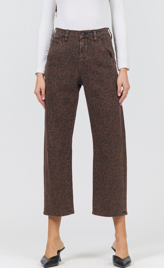DARK BROWN LEOPARD PRINT DENIM, WIDE LEG MID RISE 
