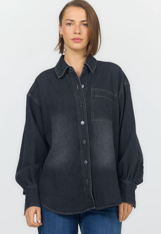 WASHED BLACK BUTTON UP DENIM SHIRT 